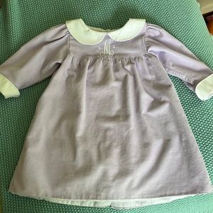 Purple corduroy monogrammed with “M” dress